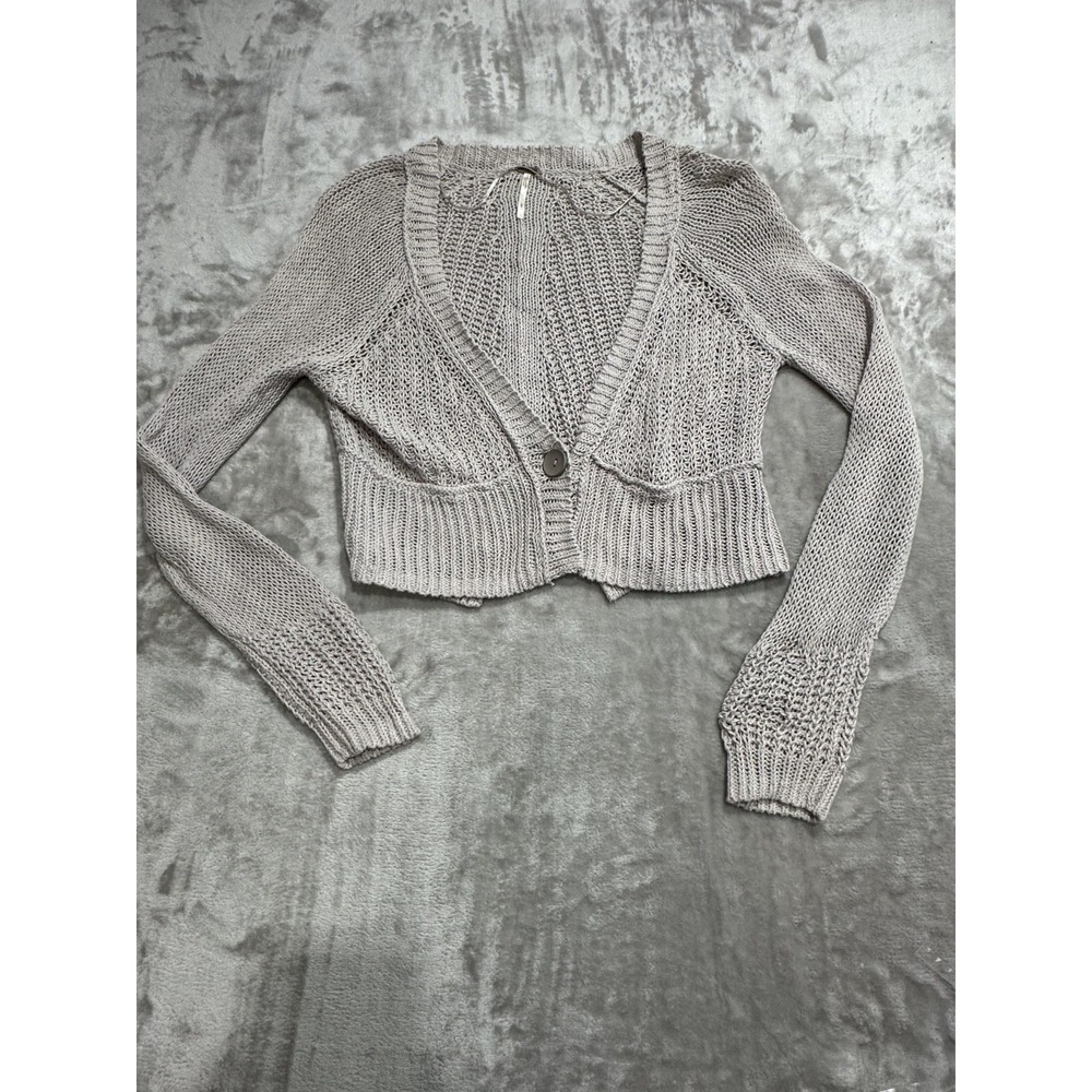 Free People Cardigan Sweater Women's Size Small Gray Long Sleeve Open Knit Linen